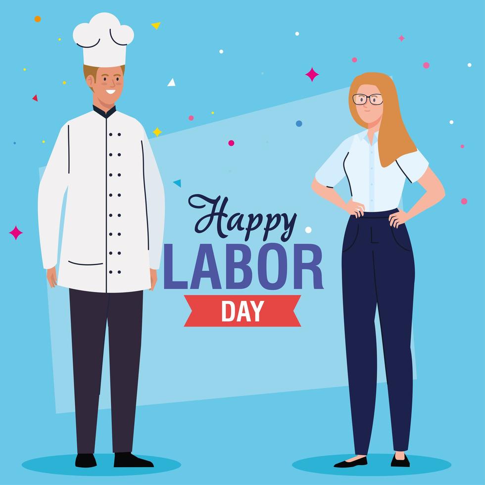 labor day poster with woman and man of different professions, businesswoman and chef vector