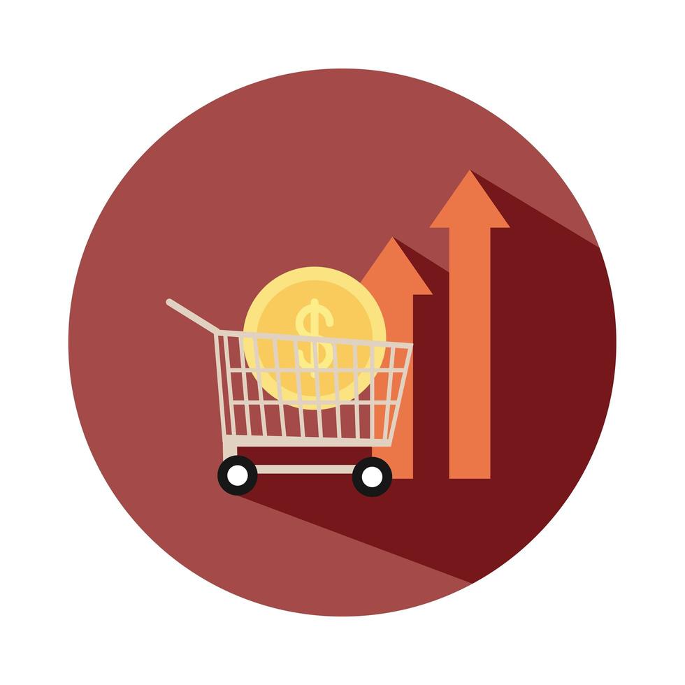 shopping cart with coin money up arrow rising food prices block style icon vector