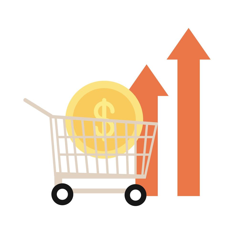 shopping cart with coin money up arrow rising food prices flat style icon vector