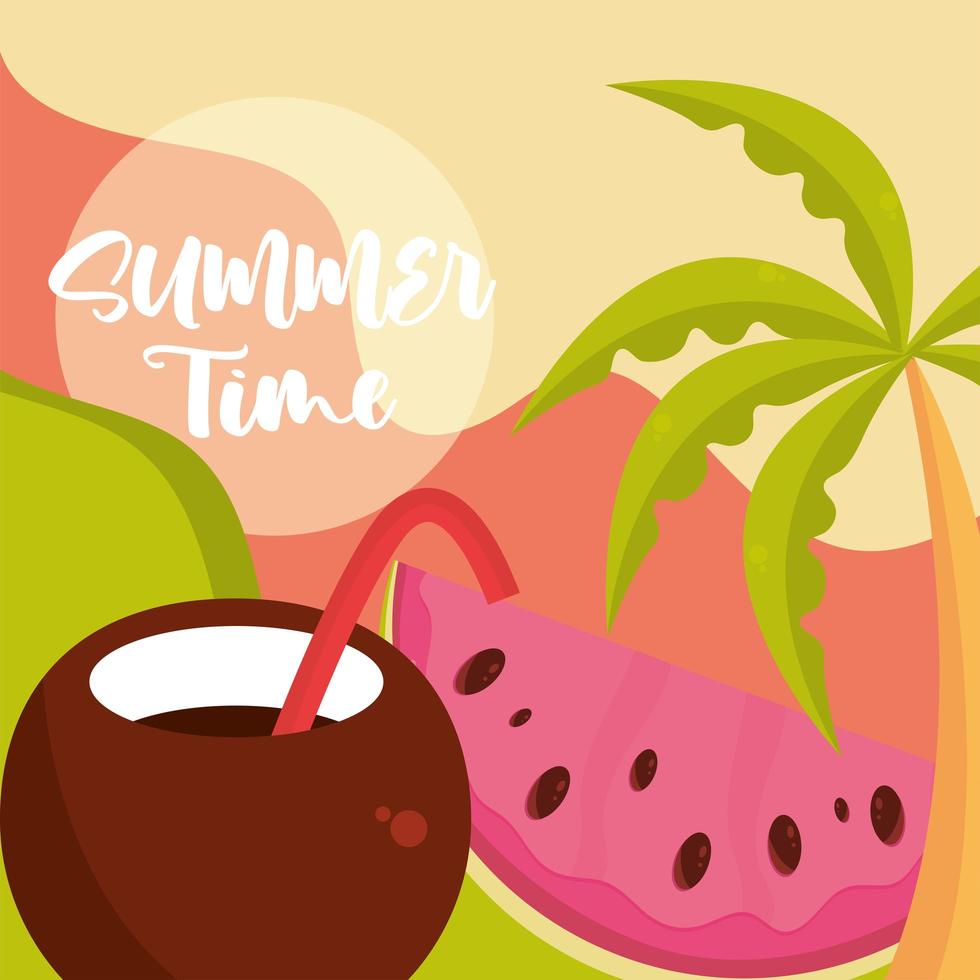 hello summer travel and vacation season coconut cocktail watermelon palm tree lettering text vector