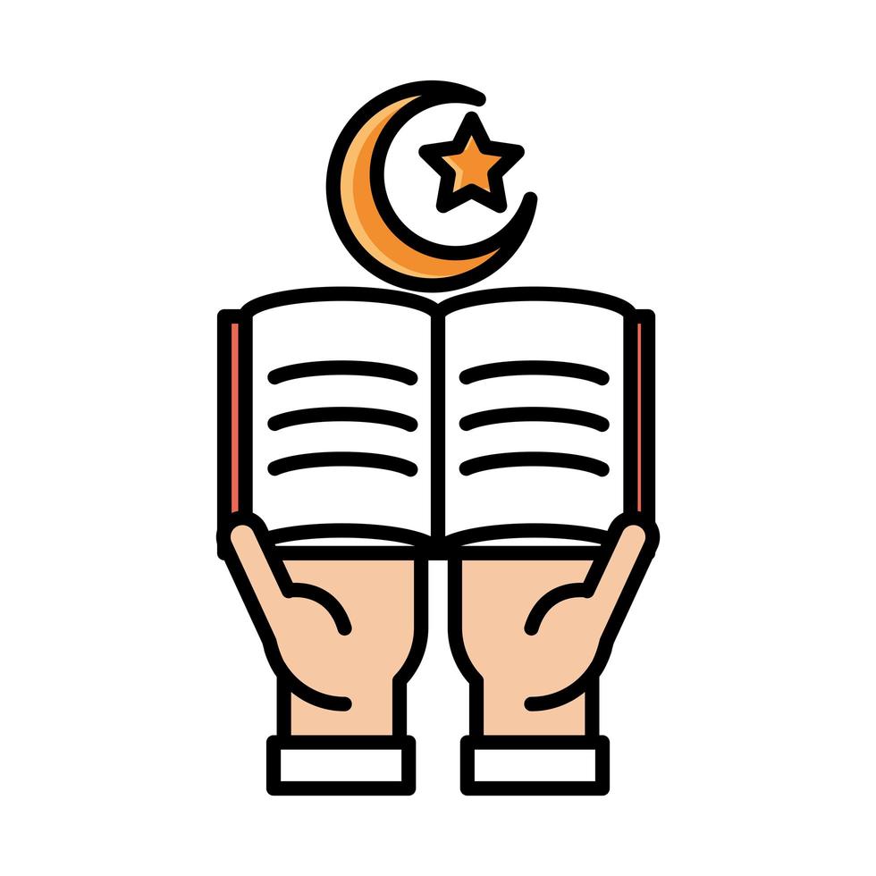 hands with koran eid mubarak islamic religious celebration line and fill icon vector