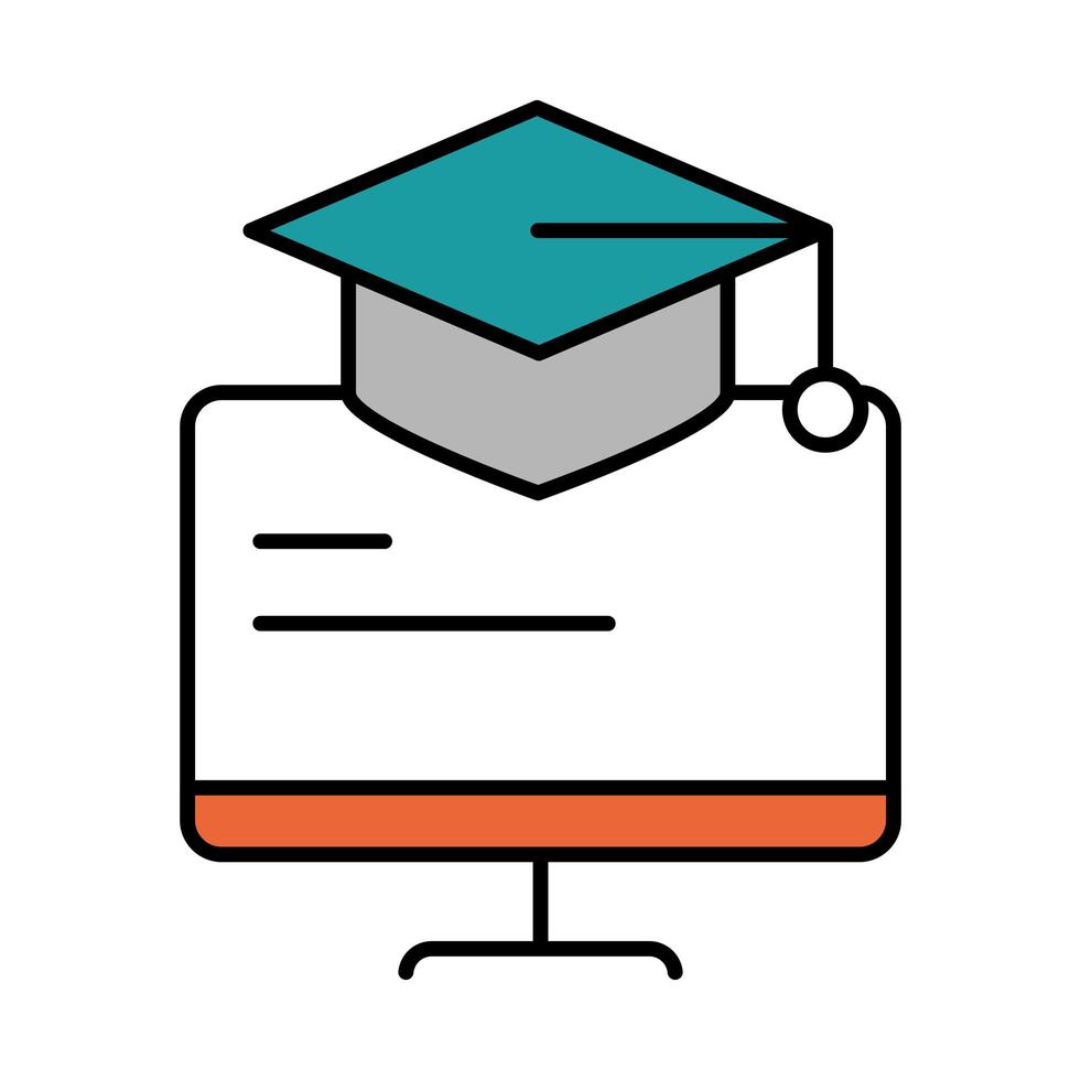 online education computer graduation hat website and mobile training courses line and fill icon vector