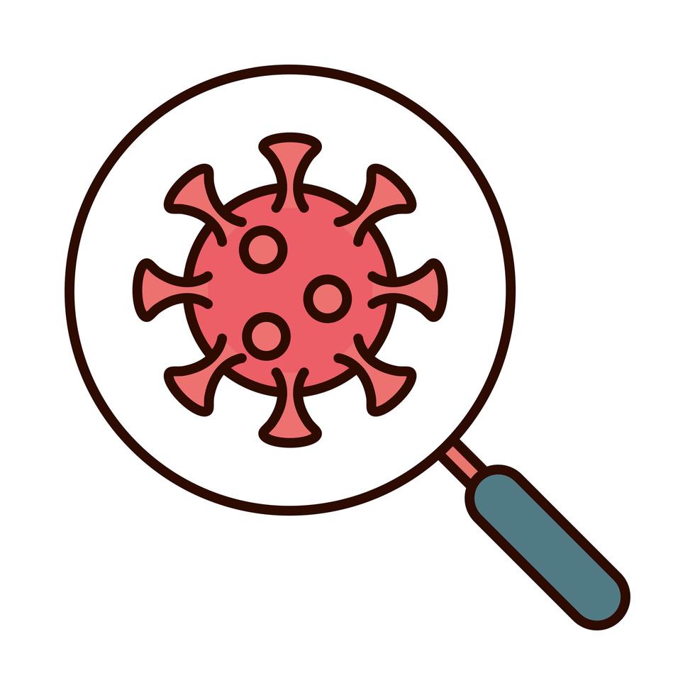 covid 19 coronavirus prevention virus pathogen magnifier analysis spread outbreak pandemic line and fill style icon vector