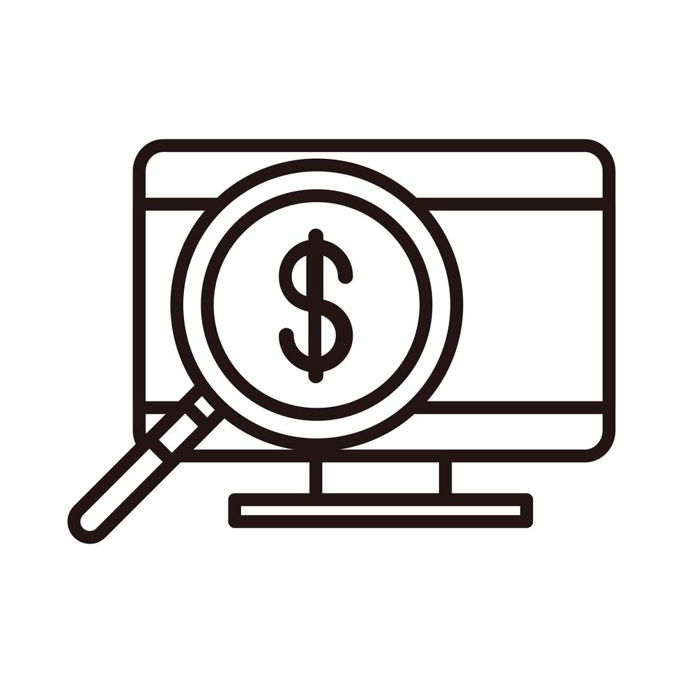 computer money magnifier analysis shopping or payment mobile banking line style icon vector