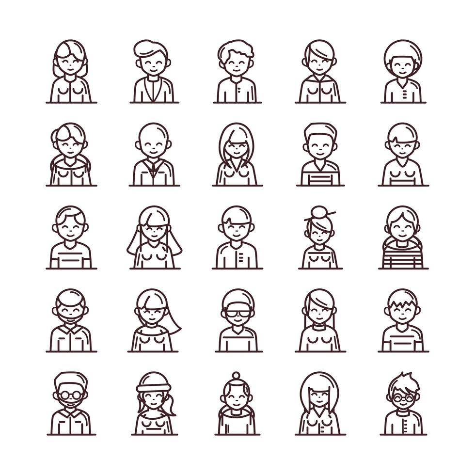 avatar male female men women cartoon character people icons set line style icon vector