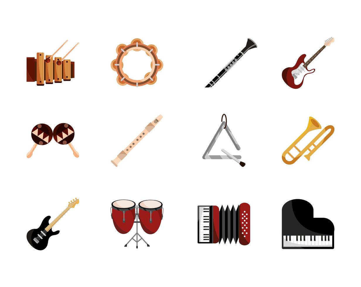 instrumentos musicales cuerda viento percusión conjunto de iconos icono aislado vector