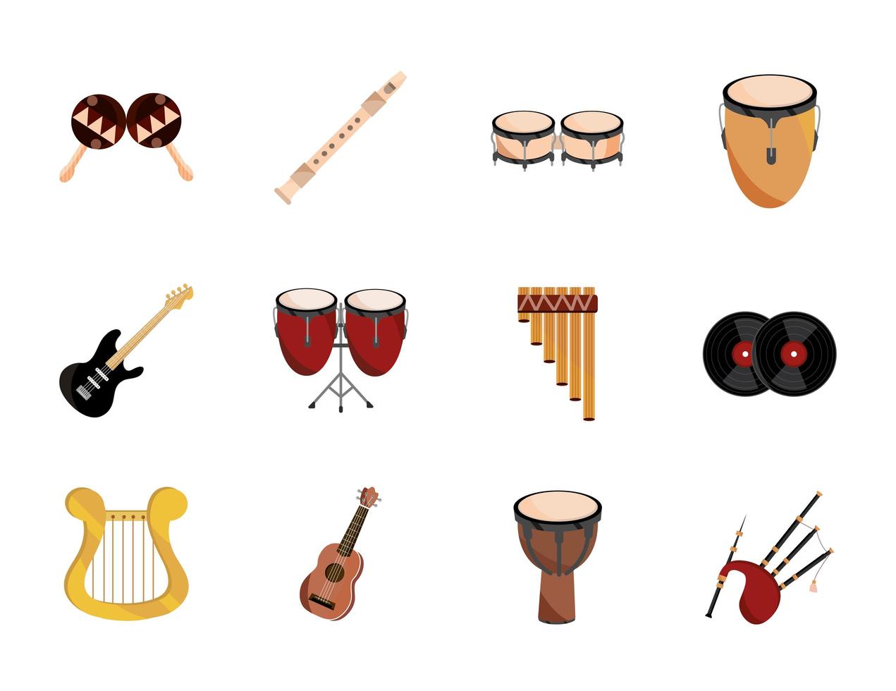 instrumentos musicales cuerda viento percusión conjunto de iconos icono aislado vector