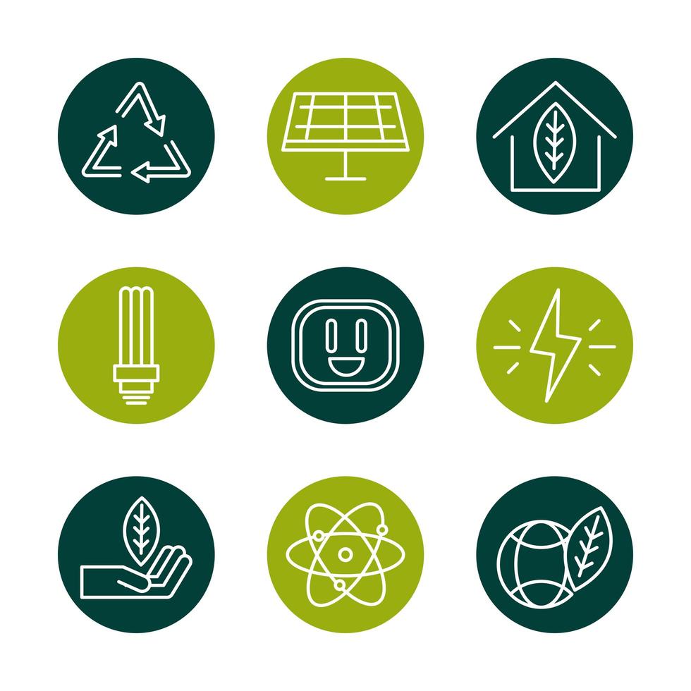 iconos de ecología renovable alternativa de energía sostenible establecen icono de estilo de línea de bloque vector