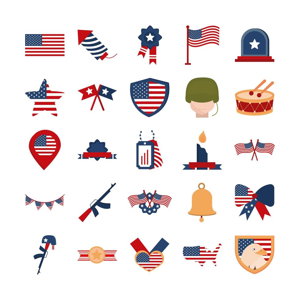 los iconos de la celebración nacional americana del día conmemorativo establecen icono de estilo plano vector