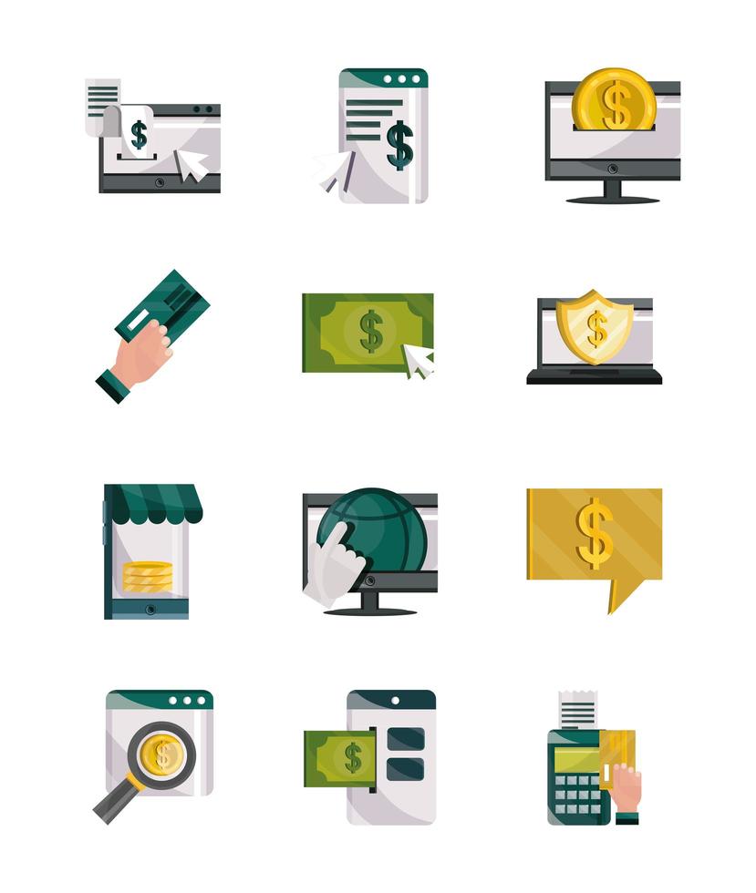 pagos en línea dinero finanzas comercio tecnología iconos conjunto plano icono sombra vector