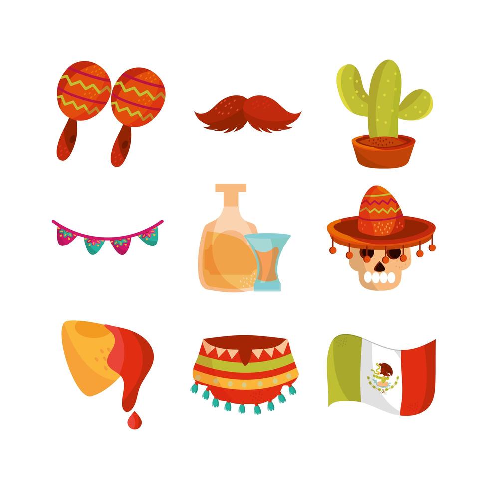 cinco de mayo decoración evento conjunto de iconos mexicanos vector