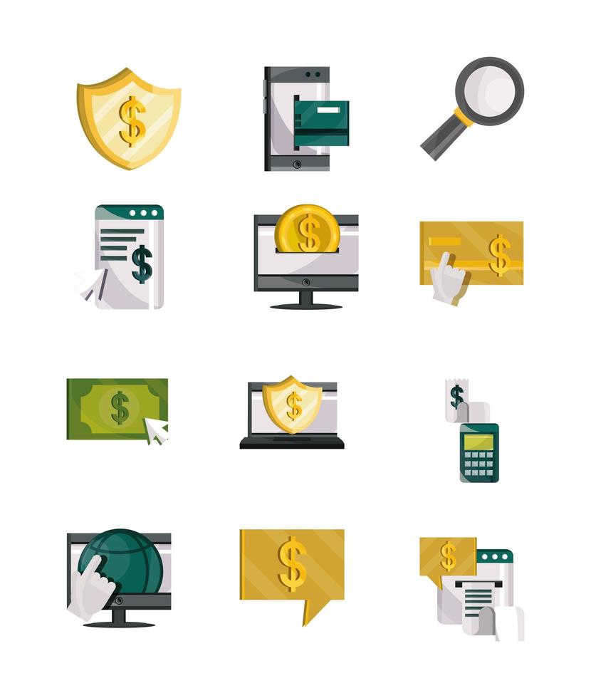 pagos en línea dinero finanzas comercio tecnología iconos conjunto plano icono sombra vector