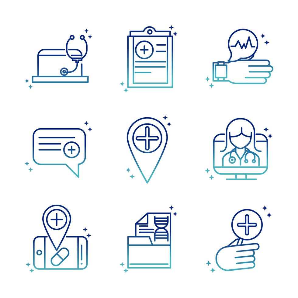 online health medical assistance support consultation icon set covid 19 pandemic gradient line icon vector
