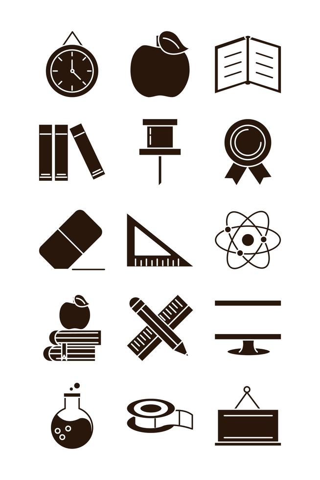 school education learn supply stationery icons set silhouette style icon vector