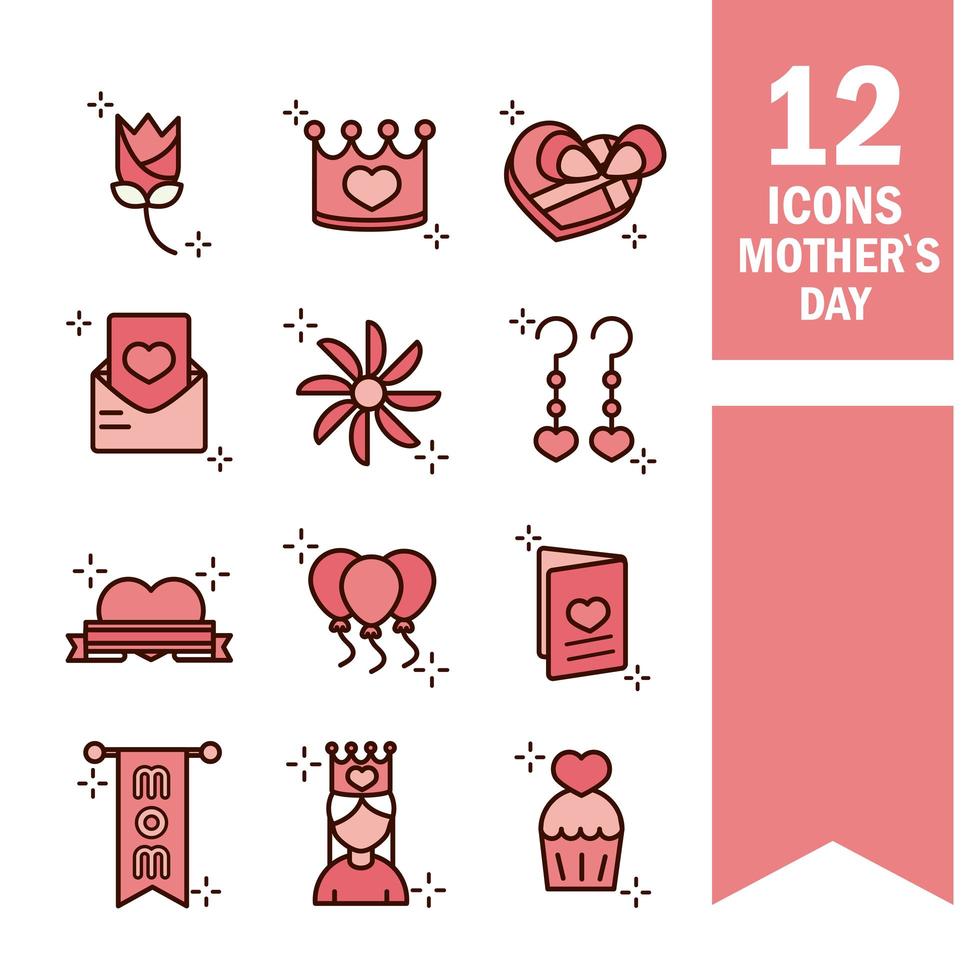 mothers day celebration party event icons set line and fill style icon vector