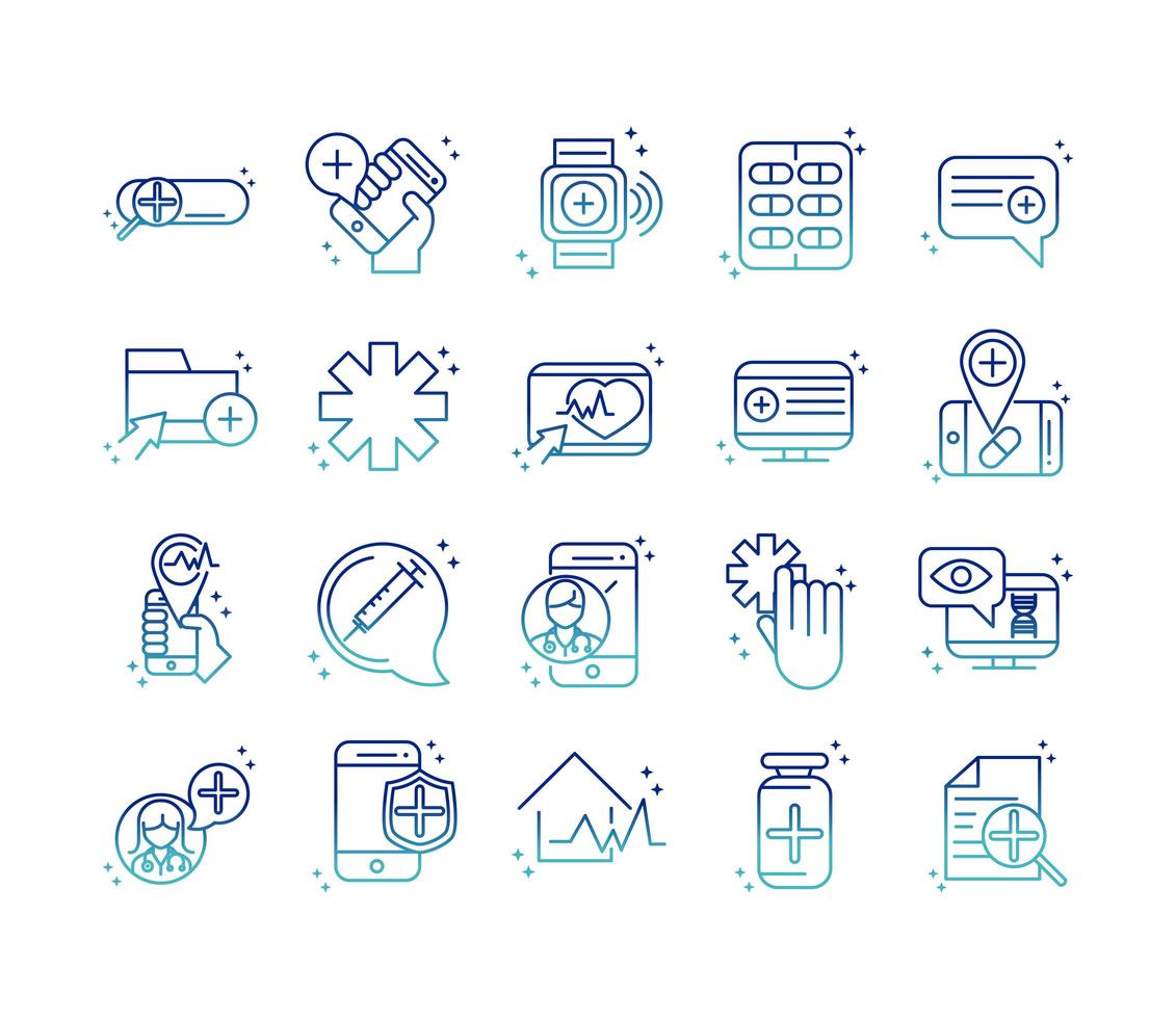 online health medical assistance support consultation icon set covid 19 pandemic gradient line icon vector