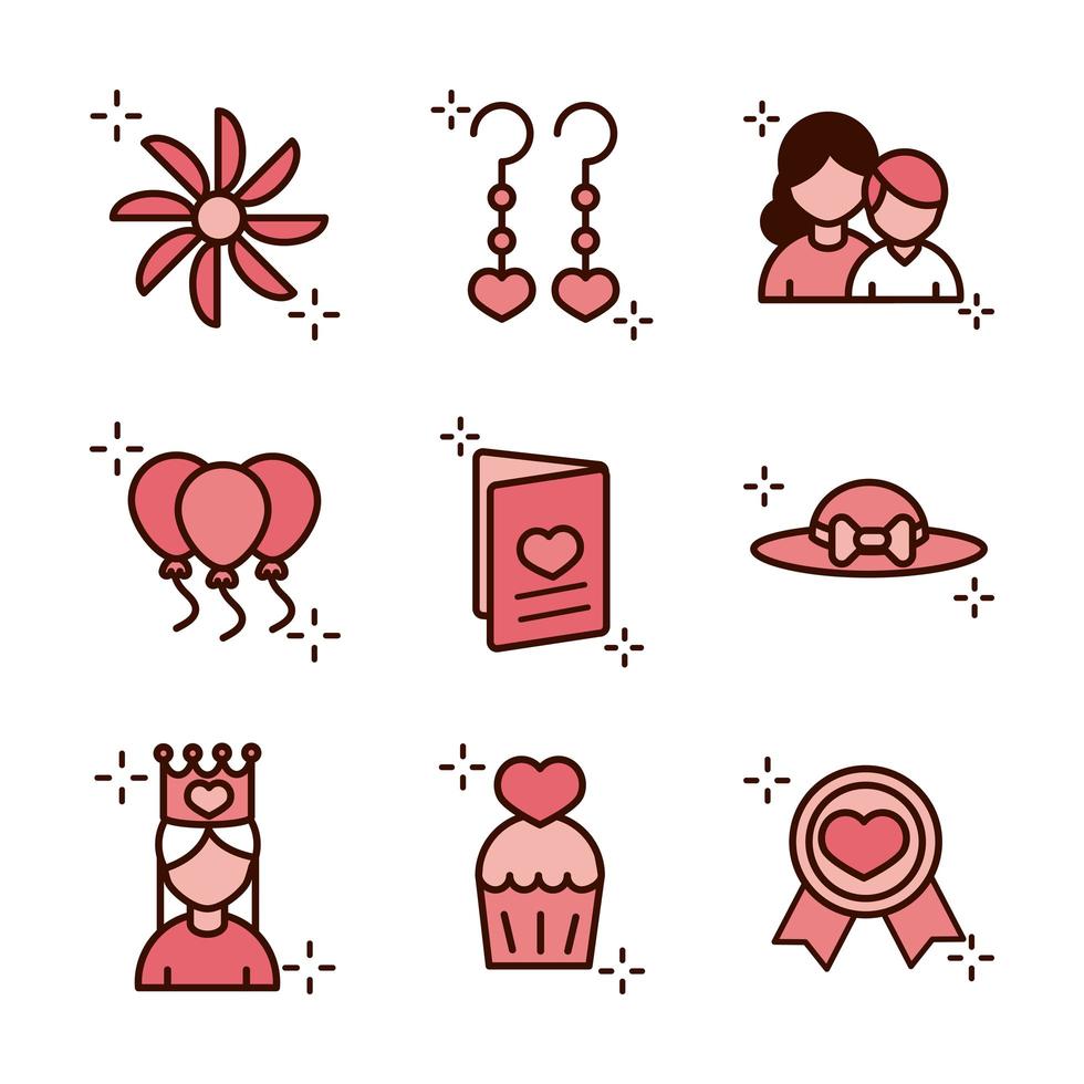 mothers day celebration party event icons set line and fill style icon vector