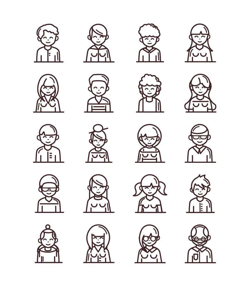 avatar male female men women cartoon character people icons set line style icon vector