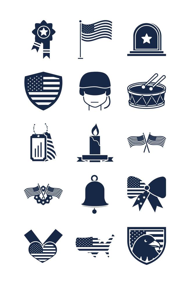 memorial day american national celebration icons set silhouette style icon vector
