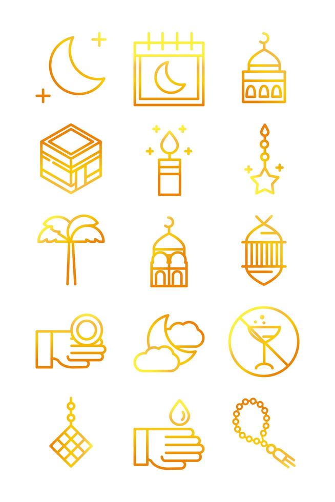 celebration ramadan arabic islamic celebration gradient line icons set vector