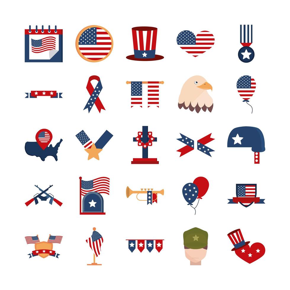 los iconos de la celebración nacional americana del día conmemorativo establecen icono de estilo plano vector