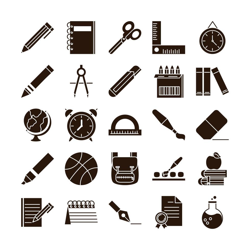 school education learn supply stationery icons set silhouette style icon vector