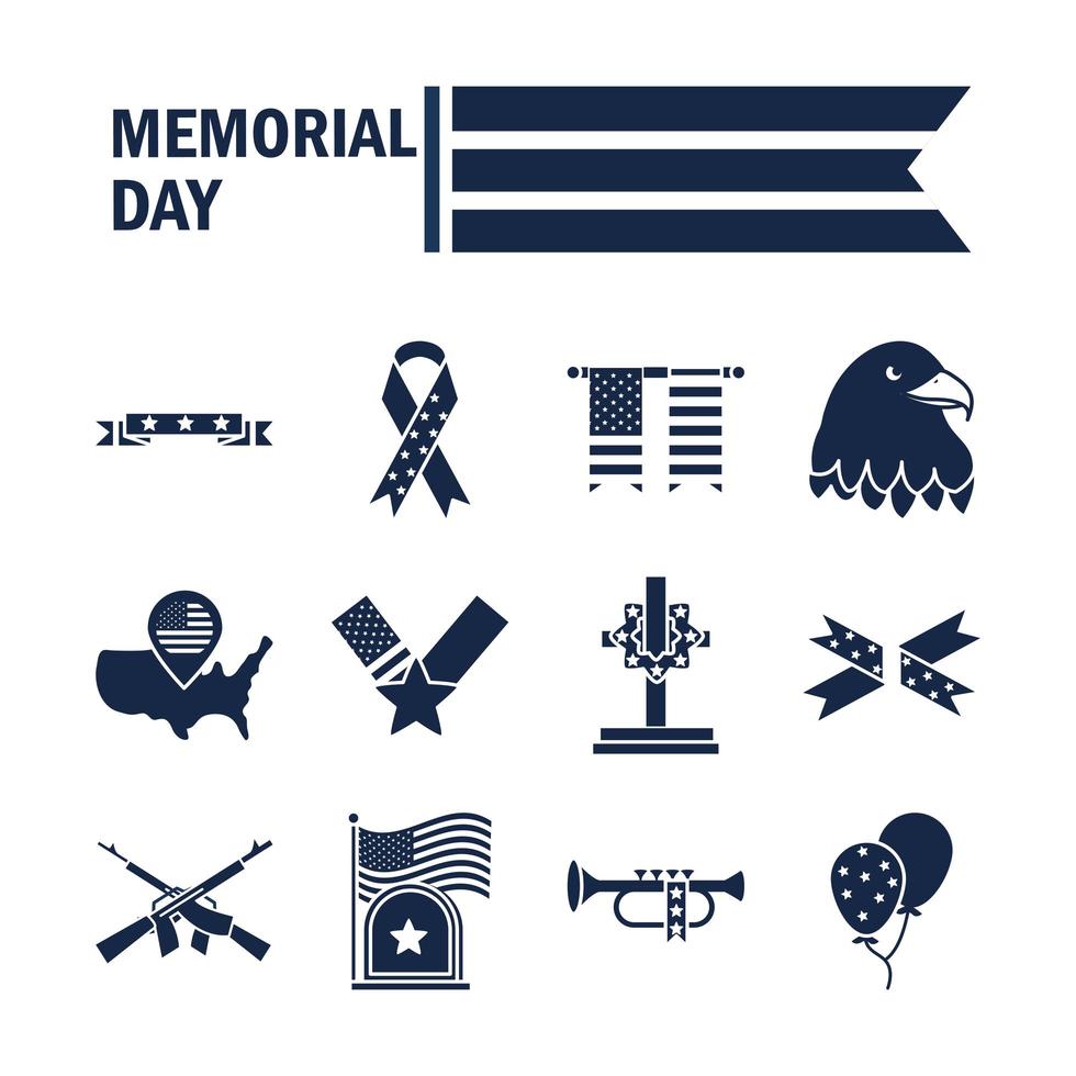 memorial day american national celebration icons set silhouette style icon vector