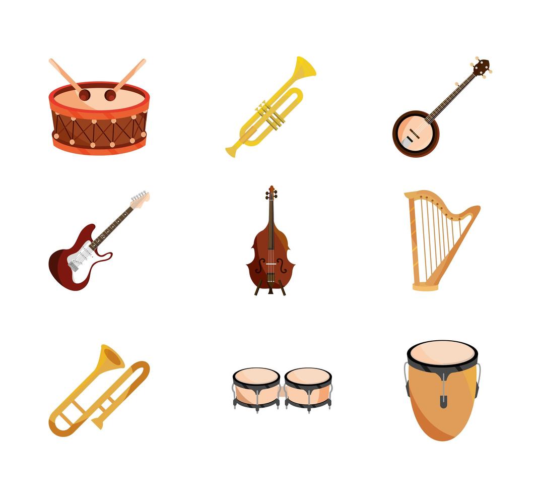 instrumentos musicales cuerda viento percusión conjunto de iconos icono aislado vector