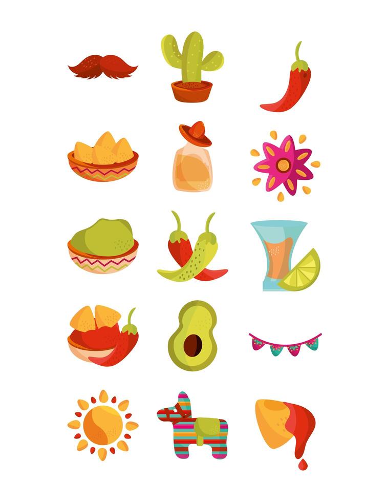 cinco de mayo decoración evento conjunto de iconos mexicanos vector