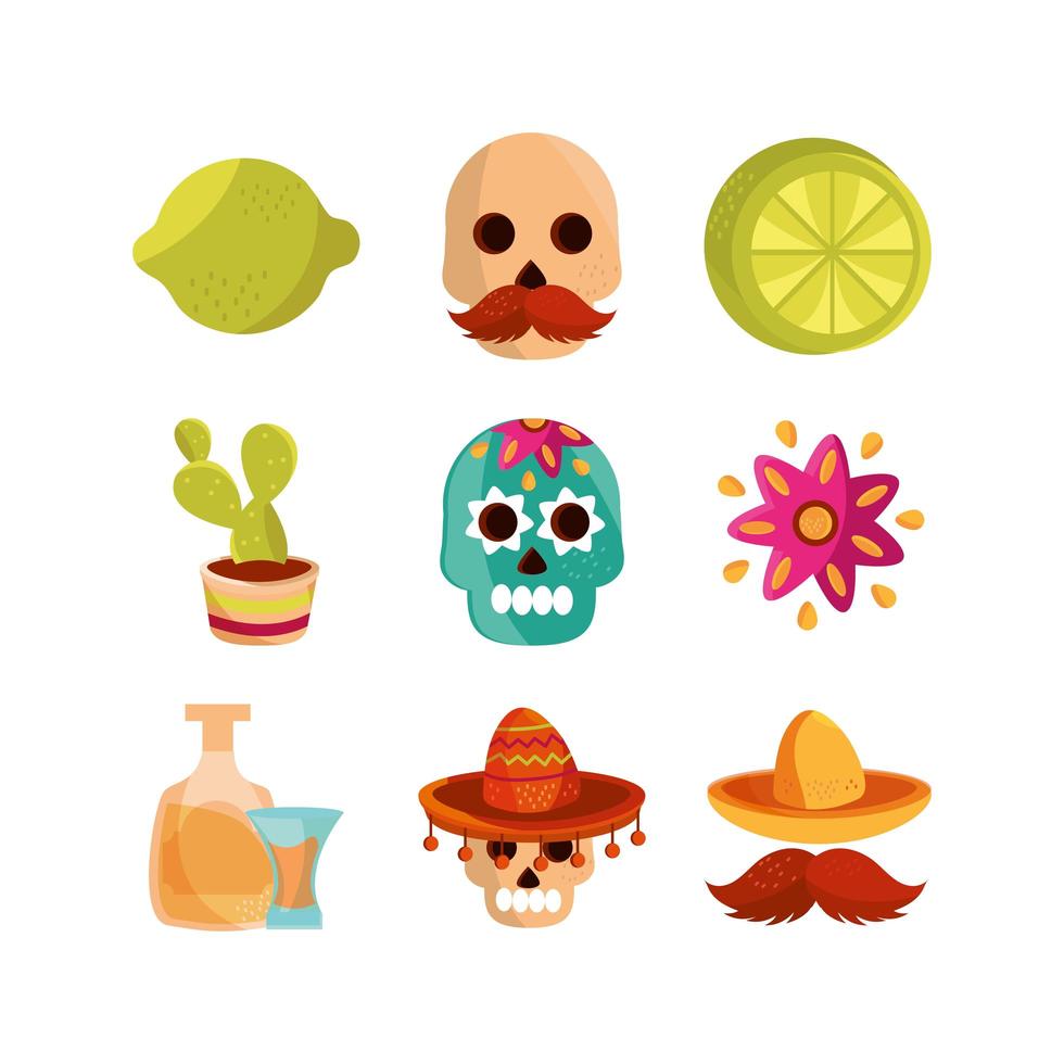 cinco de mayo decoración evento conjunto de iconos mexicanos vector