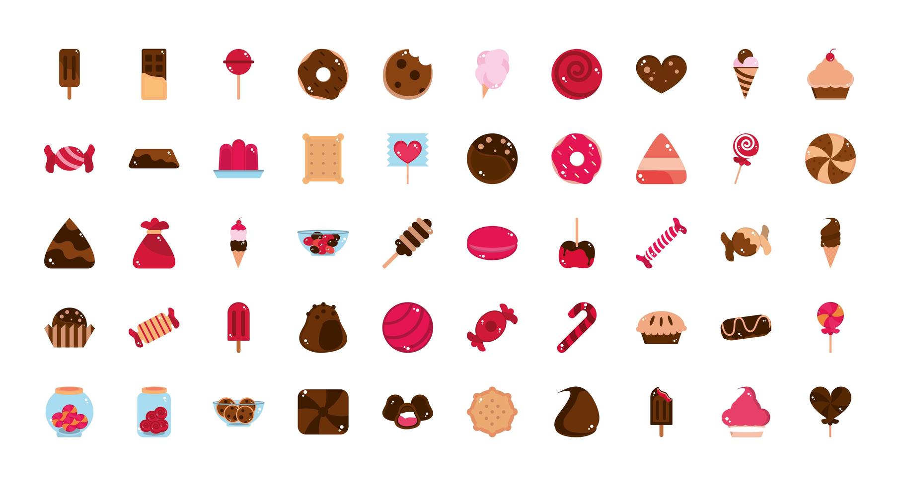 sweet confectionery snack food candy icons collection vector