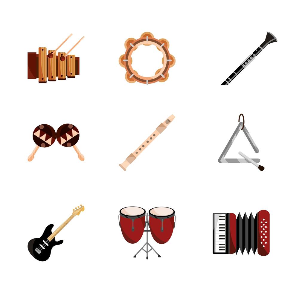 instrumentos musicales cuerda viento percusión conjunto de iconos icono aislado vector