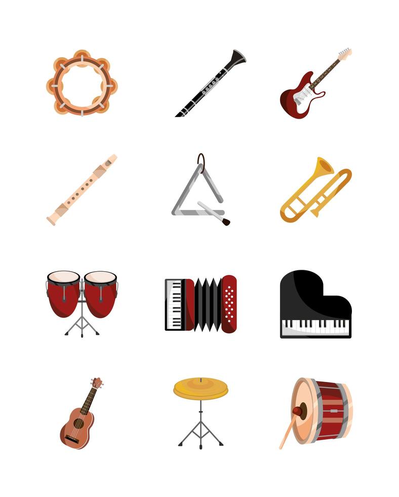 instrumentos musicales cuerda viento percusión conjunto de iconos icono aislado vector