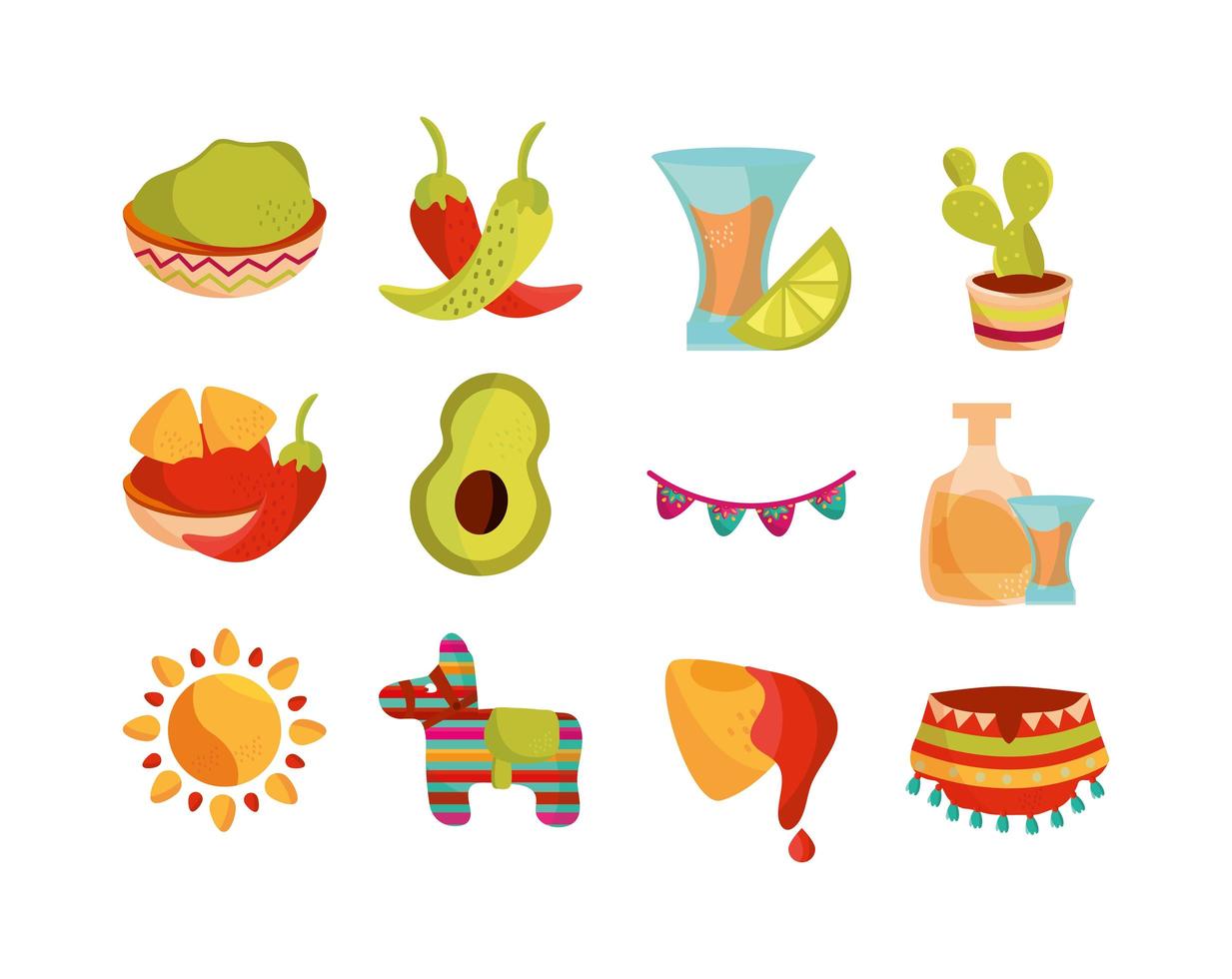 cinco de mayo decoración evento conjunto de iconos mexicanos vector