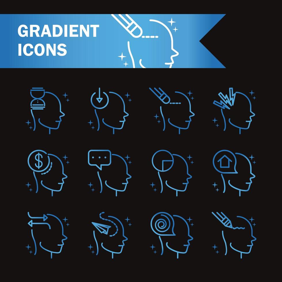 alzheimers disease neurological brain medical condition icons set gradient line black background vector