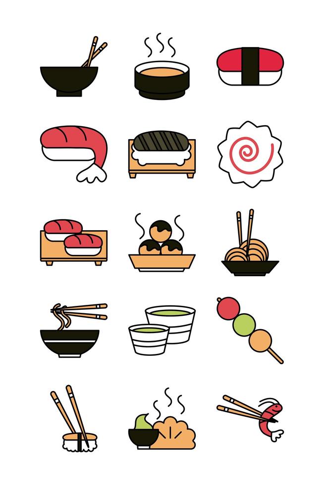 sushi oriental menu icons set line and fill style icon vector