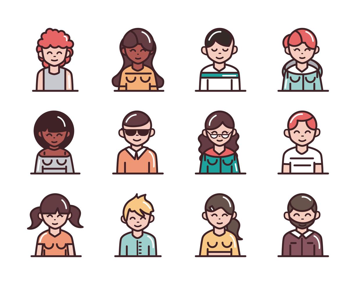 avatar masculino femenino hombres mujeres personaje de dibujos animados iconos de personas establecen icono de estilo de línea y relleno vector