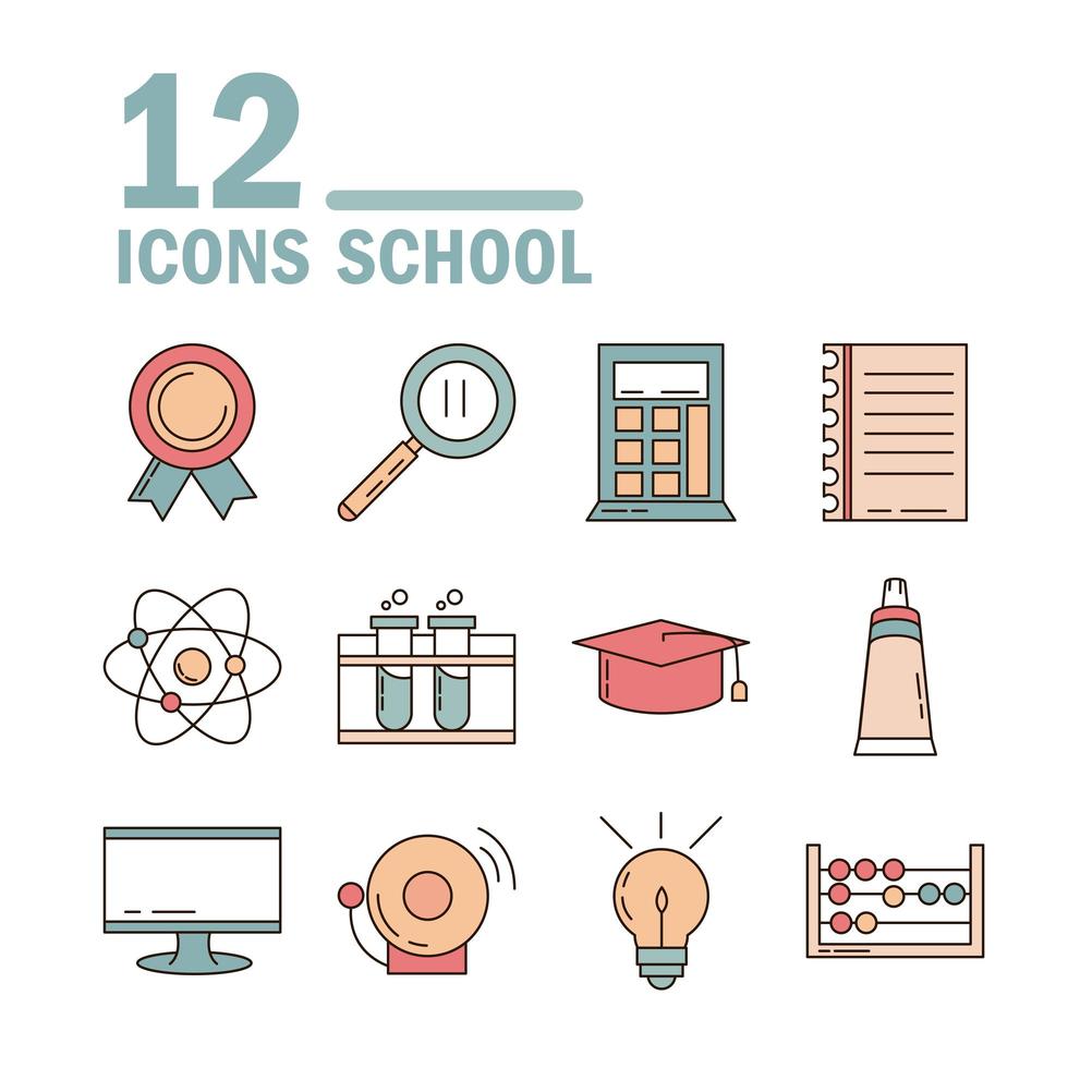 school education learn supply stationery icons set line and fill style icon vector