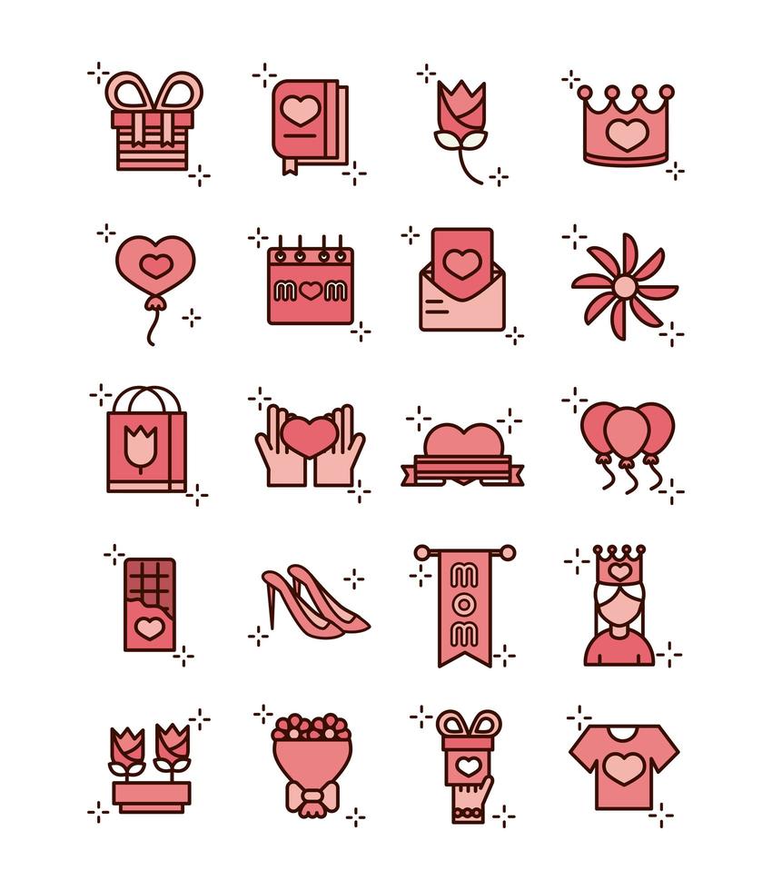 mothers day celebration party event icons set line and fill style icon vector