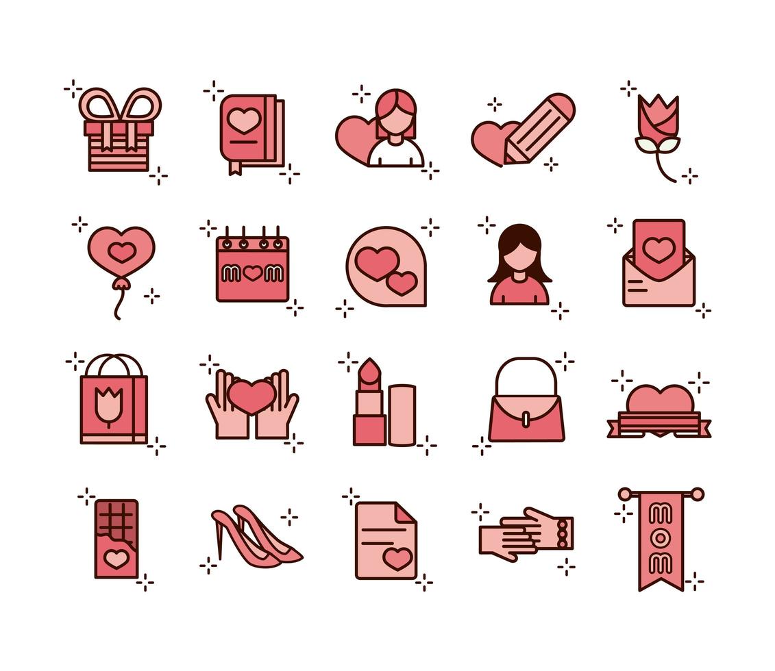 mothers day celebration party event icons set line and fill style icon vector