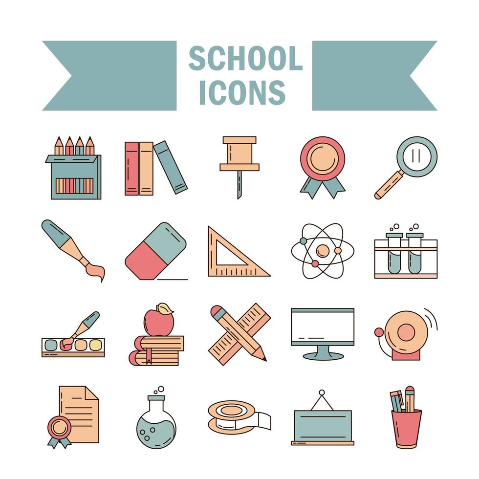 school education learn supply stationery icons set line and fill style icon vector