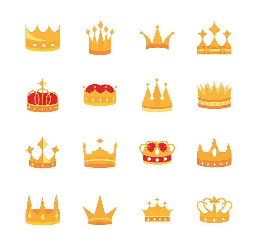 gold crowns jewel authority coronation monarchy luxury icons set vector