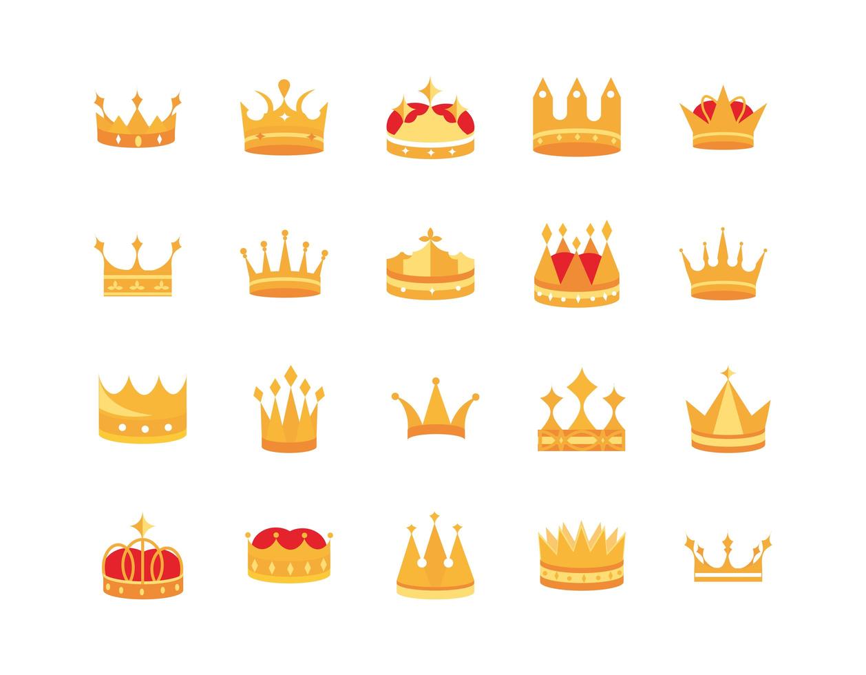 gold crowns jewel authority coronation monarchy luxury icons set vector