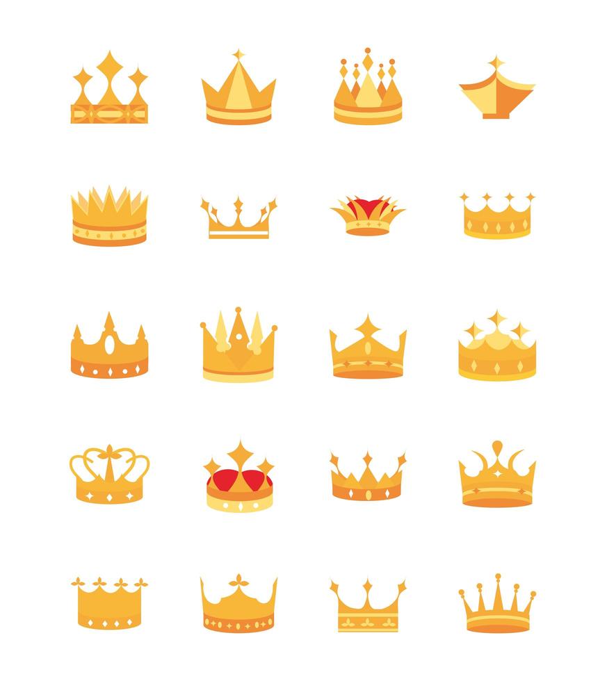 coronas de oro joya autoridad coronación monarquía conjunto de iconos de lujo vector