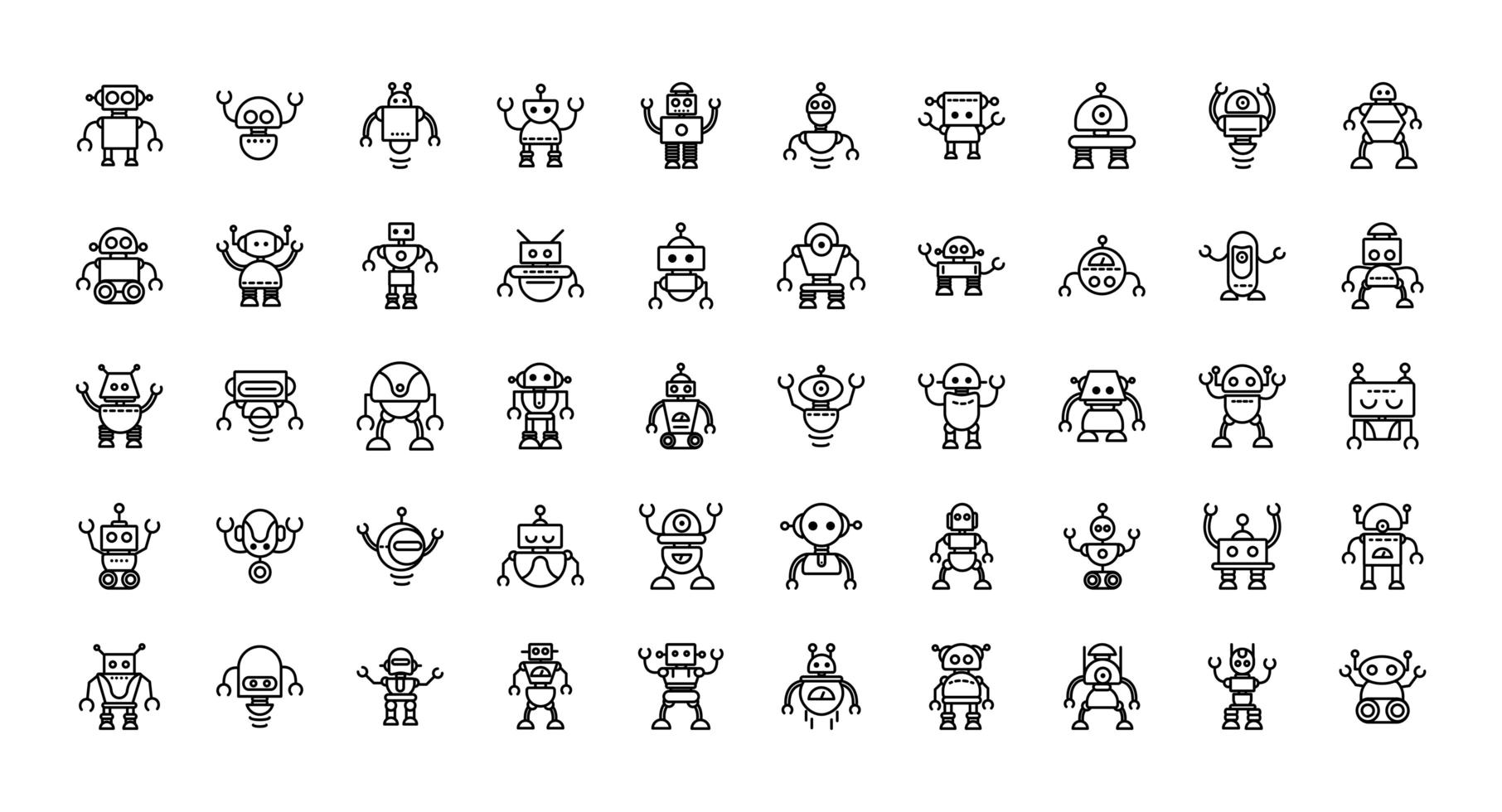 robot technology character artificial machine icons set linear vector