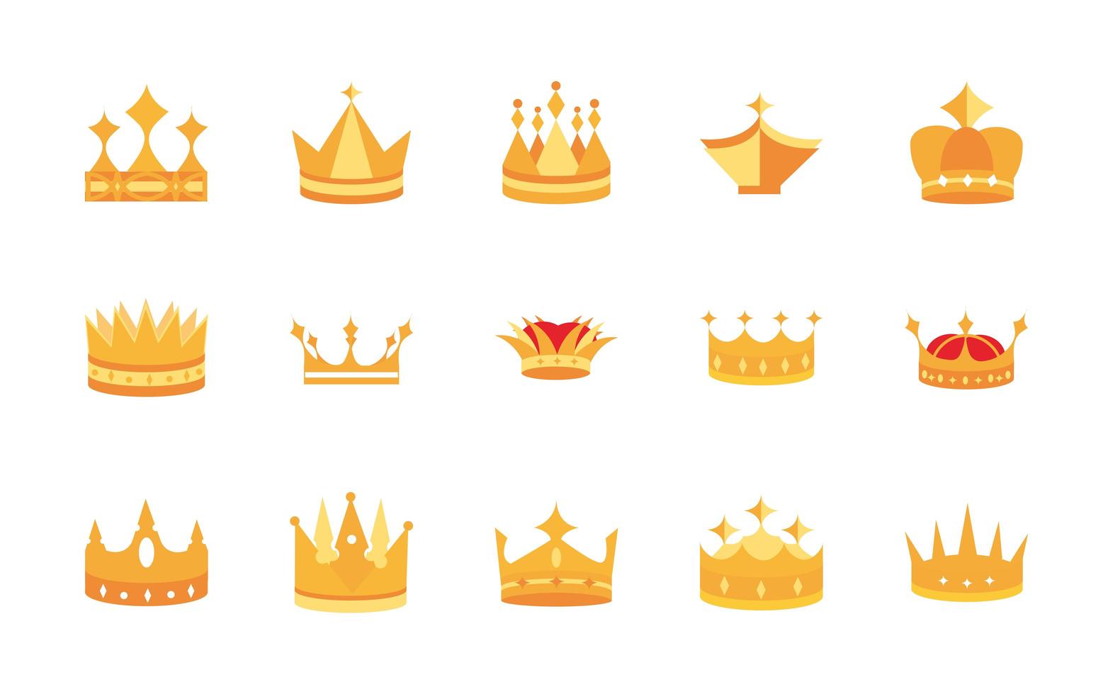 gold crowns jewel authority coronation monarchy luxury icons set vector