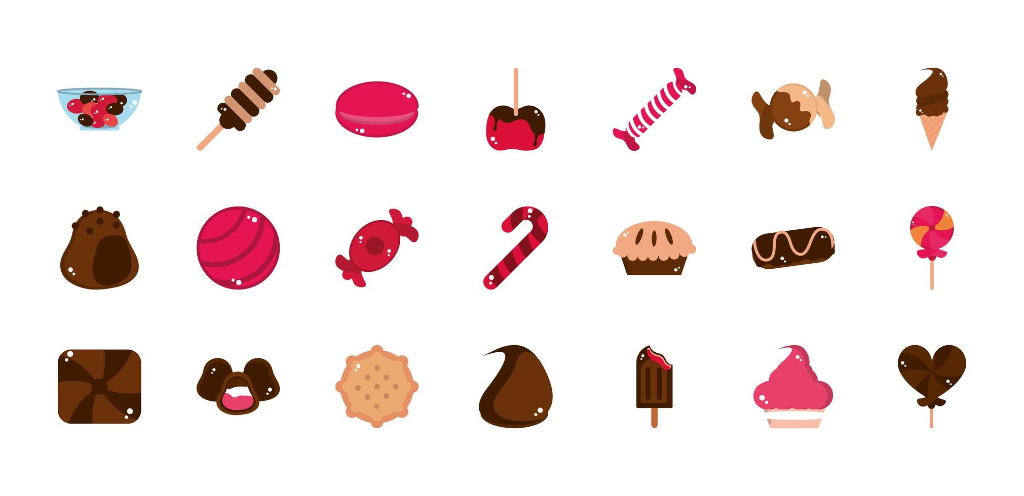 sweet confectionery snack food candy icons collection vector