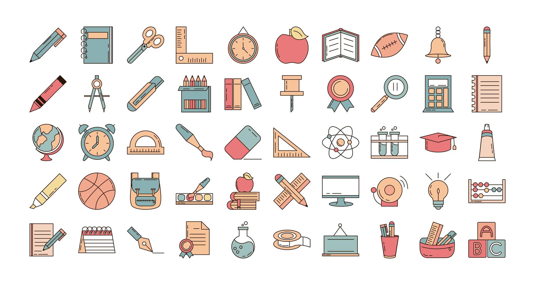 school education learn supply stationery icons set line and fill style icon vector
