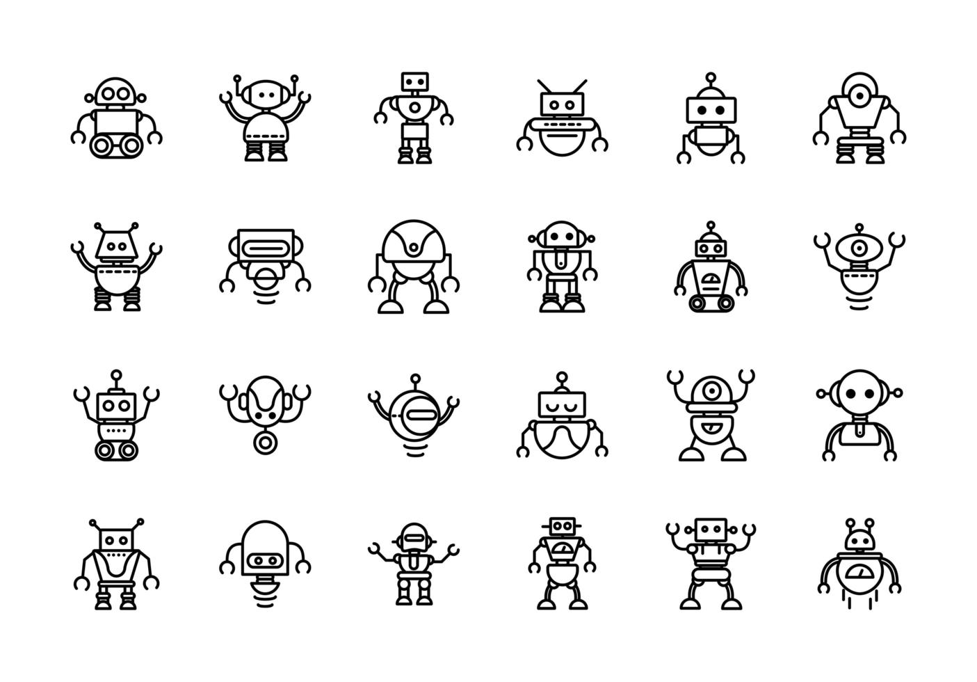 robot technology character artificial machine icons set linear vector