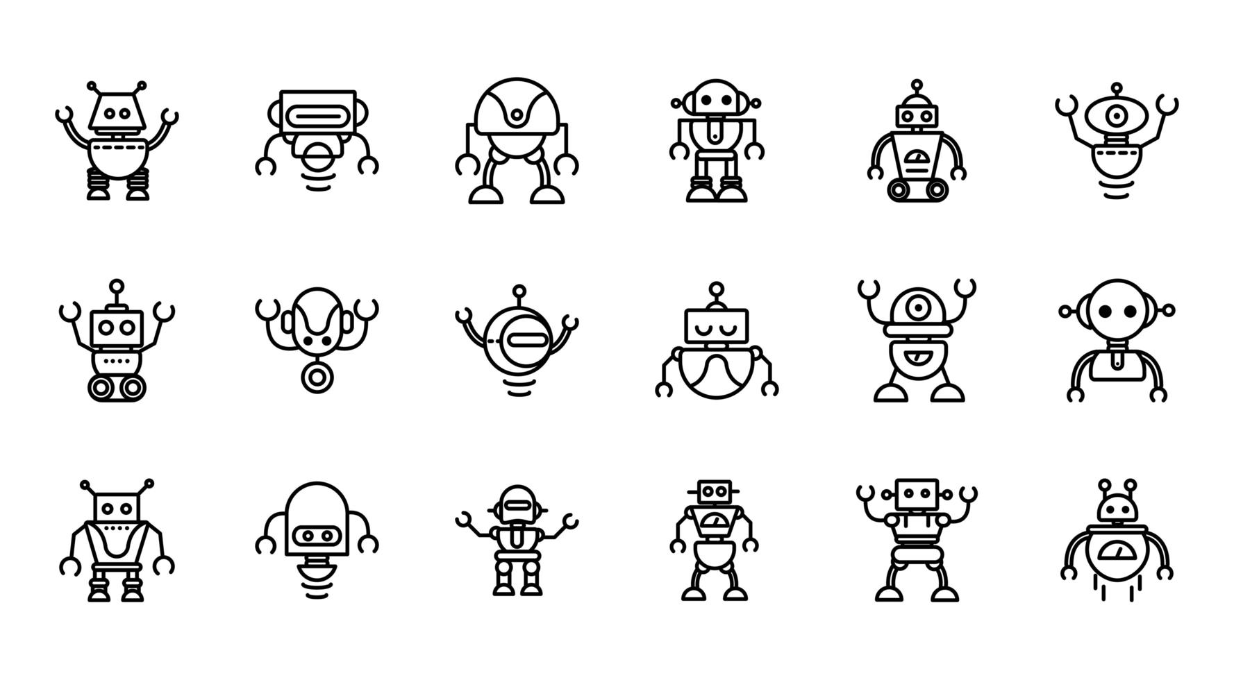 robot technology character artificial machine icons set linear vector